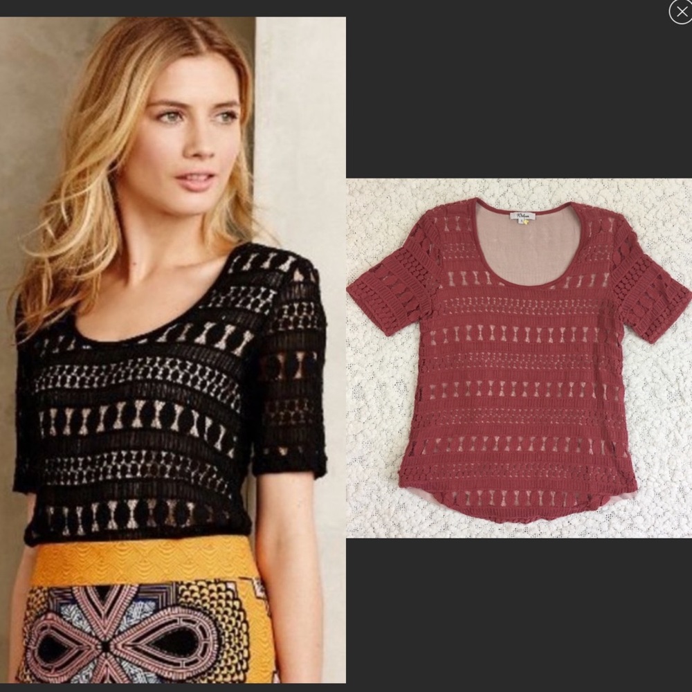 Anthropologie Wolven Lace Knit Short Sleeve Top, Rust, S